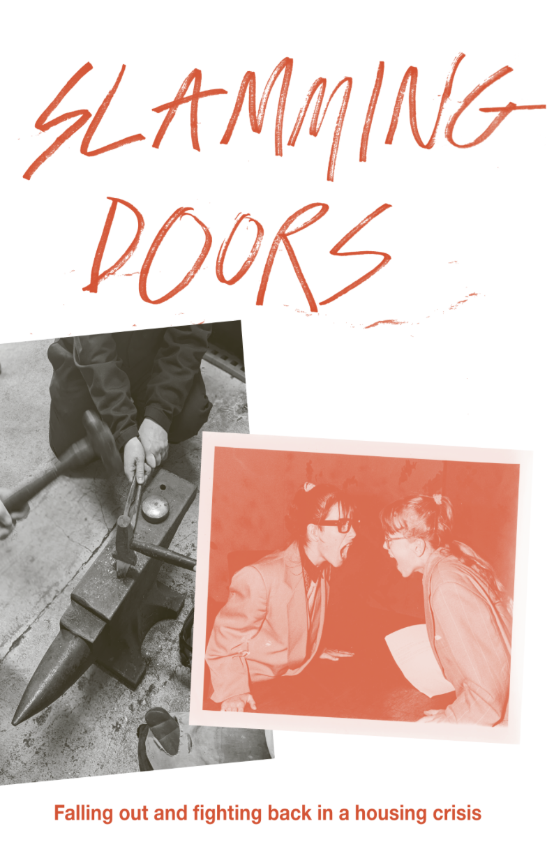 book cover with the title 'Slamming Doors' and two photographs of metal working and women shouting at each other
